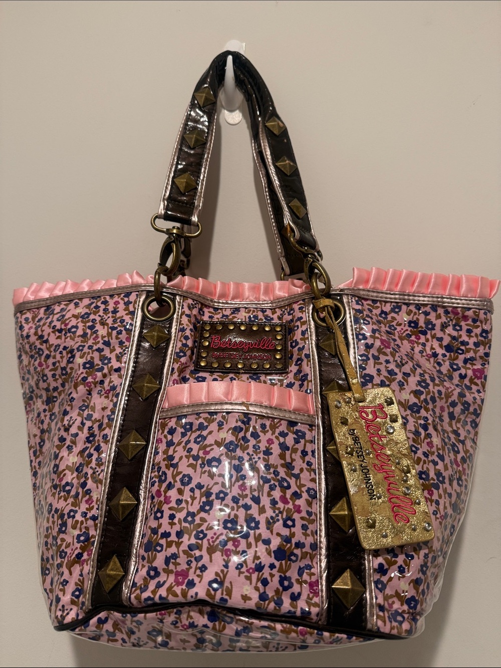 Betsey Johnson Pink Floral Ruffle Tote with Studded Trim